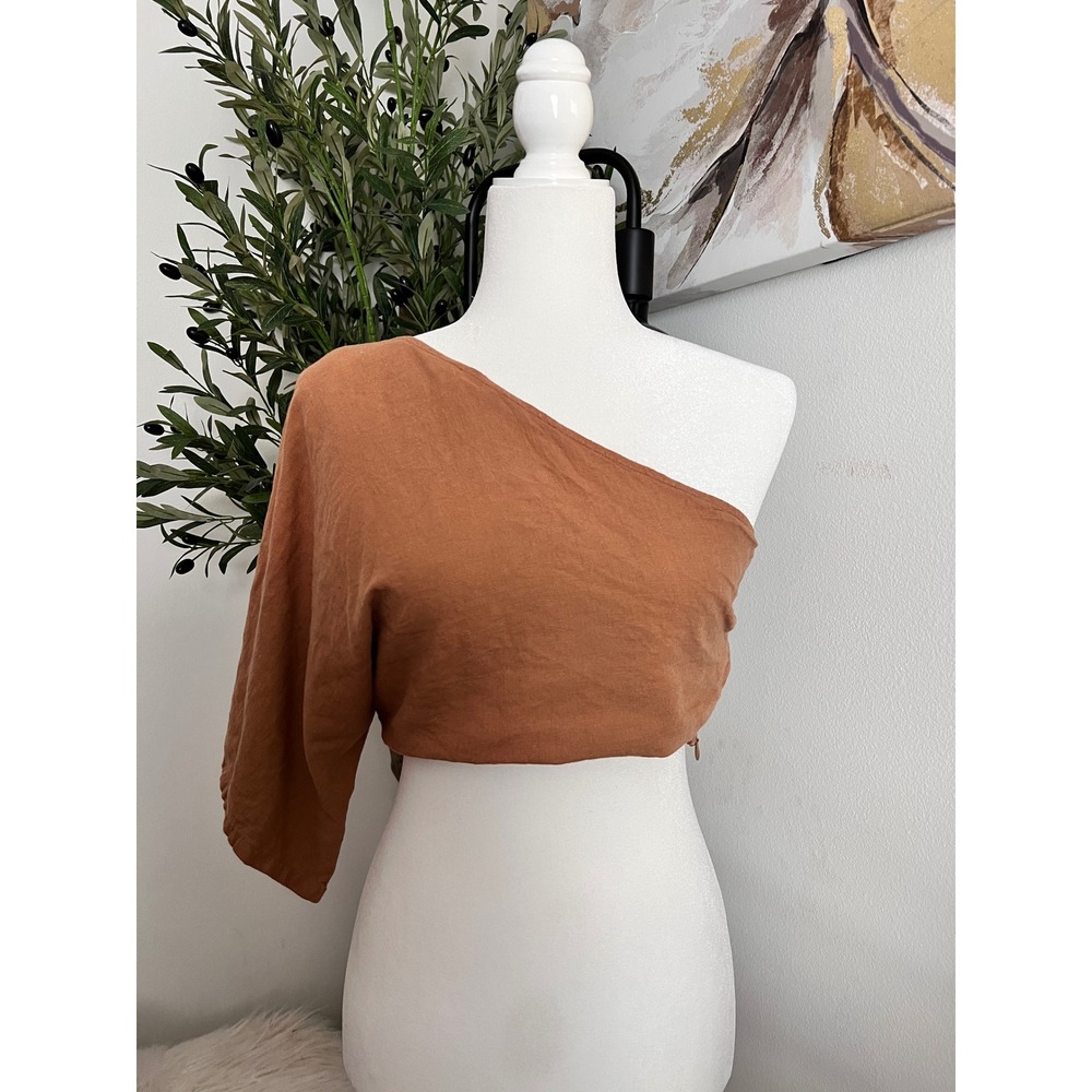 Free People X Girl and the Sun  One Shoulder Crop Top  Terracotta Linen Bled